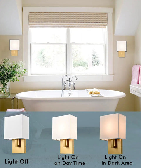 Gold Mid Century Wall Sconces Set Of 2 with white linen shade displayed in a bathroom, showing light off and on in day and night settings.