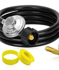 Five Foot Propane Adapter Hose With Regulator And 90 Degree Elbow For Tabletop Griddles Connects 1lb To 40lb Tanks Fits 17 To 36 Inch Griddles And Outdoor Grills So You Never Run Out Of Gas, shown coiled with additional accessories