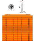304 Stainless Steel Cross Recessed Countersunk Flat Head Self Tapping Wood Screws Set, size chart and measurements