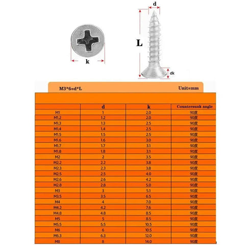 304 Stainless Steel Cross Recessed Countersunk Flat Head Self Tapping Wood Screws Set, size chart and measurements