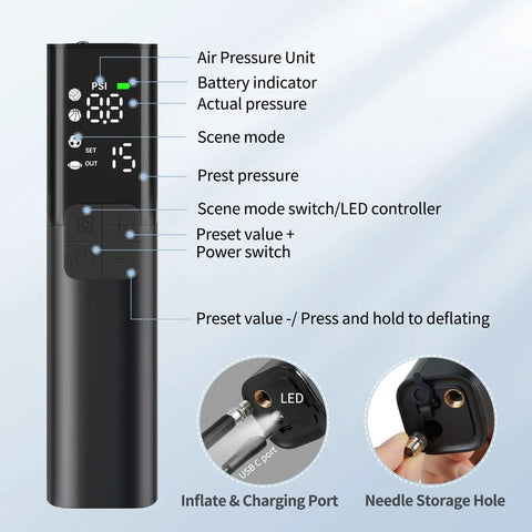 Electric Ball Pump With No Fuss Inflation And Deflation, displaying controls, LED screen, and needle storage hole, for quick inflate and deflate.