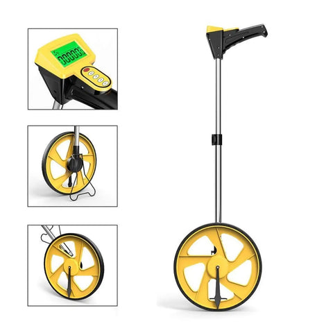 Pro Grade Digital Measuring Wheels Two Pack Featuring Bright Backlit Lcd Panel And Collapsible Telescopic Handle For No Sweat Property Layout Or Lawn Surveying Tasks Week After Week, showing detailed wheel and display.