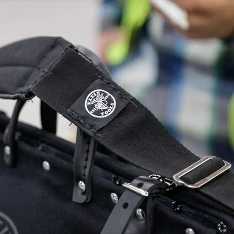 Close-up of padded adjustable shoulder strap on a tool tote, compatible with 5003 Series bags, built for heavy duty use.