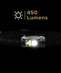 Front view of Remix LED Headlamp With 300 Lumens Multicam Camouflage Red Green And Blue LEDs and White Spotlight on black background.