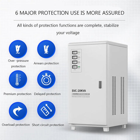 Built Tough Heavy Duty Voltage Stabilizer 220V Single Phase Pure Copper Coil Surge Protection Power Conditioner 5000W with 6 protection features.