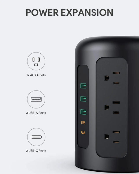 Close-up of black 12 Outlets Power Strip Tower with 20W USB C PD Fast Charging, 2 USB C Ports and 3 USB A Ports