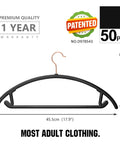 Heavy Duty Black Plastic Hangers Pack Of 50 With Rounded Shoulders That Prevent Bumps, Space Saving Hangers for coats, sweaters, jackets and pants, rose gold hooks, built in accessory bar for ties and scarves, patent design.