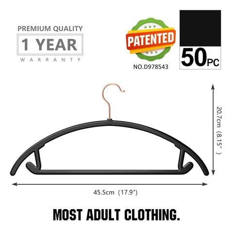 Heavy Duty Black Plastic Hangers Pack Of 50 With Rounded Shoulders That Prevent Bumps, Space Saving Hangers for coats, sweaters, jackets and pants, rose gold hooks, built in accessory bar for ties and scarves, patent design.