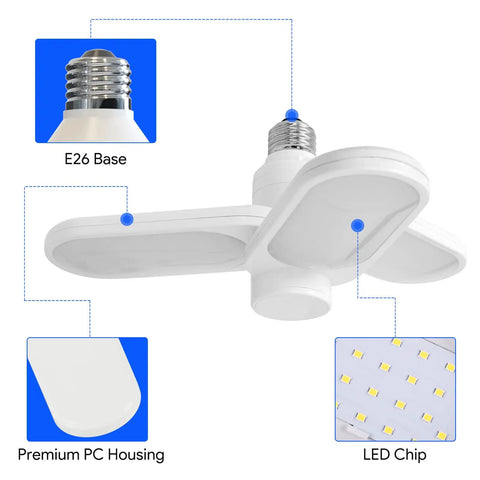 LED Garage Ceiling Light With E26 Base And 3 Flexible Panels, 5000K Daylight, 30W, 3500 Lumens, highlighting E26 base and PC housing