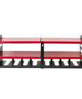 Front view of Cordless Drill Charging Station With Eight Drill Holders, heavy duty steel organizer with two shelves, black and red design.