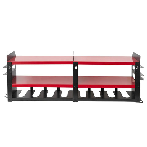 Front view of Cordless Drill Charging Station With Eight Drill Holders, heavy duty steel organizer with two shelves, black and red design.