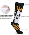My Camper My Rules RV Camping Novelty Mid Calf Socks detail with camper design and stretch, moisture wicking features.