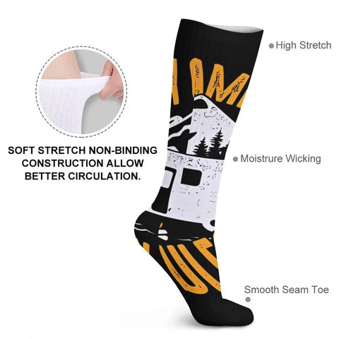 My Camper My Rules RV Camping Novelty Mid Calf Socks detail with camper design and stretch, moisture wicking features.