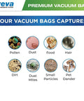 Image showing icons of pollen, dust, food, hair, dirt, dust mites, small particles, pet dander captured by vacuum bags