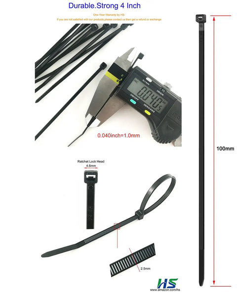 Tough As Nails 4 Inch Nylon Zip Ties Bulk Pack 1000 Count Self Locking Cable Ties UV Rated Black, shown with caliper.