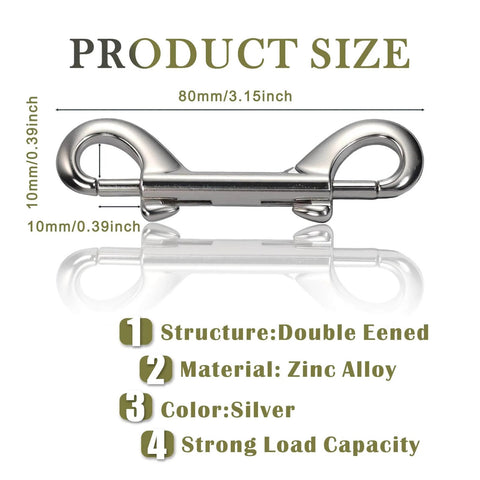 Front view of Eight Pack Heavy Duty Double Ended Snap Hooks in Silver Zinc Alloy with size dimensions shown