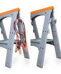 Heavy Duty Rectangular Folding Sawhorse Set Of Two, gray frame with orange top, showcasing hooks and visible clamps.