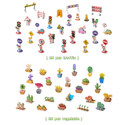 3D Cartoon Puzzle DIY Paper Craft Kit For Creative Building And STEM Projects That Sparks Learning Includes 176 Pieces Across Numbers Astronauts Athletes Vehicles Veggies And Letters For Fun Home Office Decor And Educational Activities, 25-piece traffic and vegetable sets