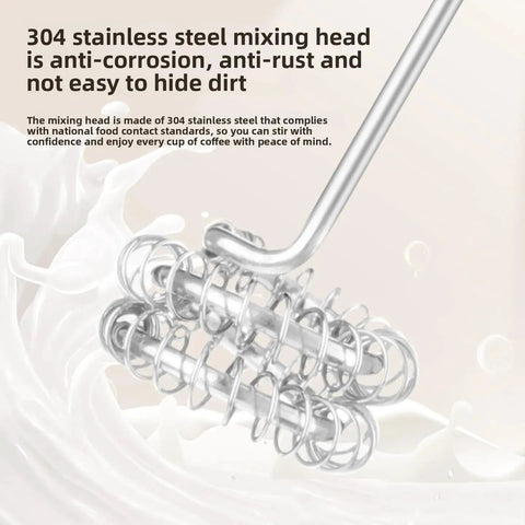 Close-up of stainless steel mixing head of USB Rechargeable Milk Frother Handheld 3 Speed Electric Wand With Digital Display