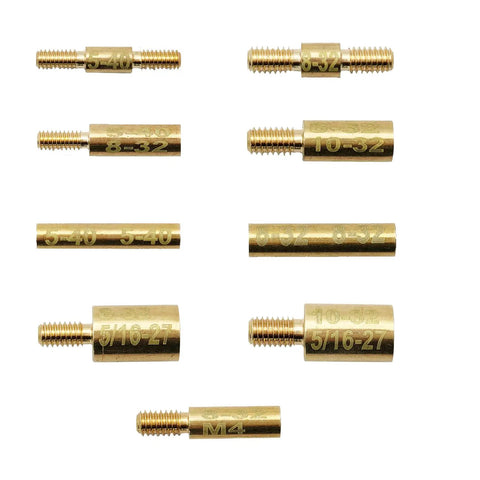 Slick 9 Piece Gun Cleaning Rod Adapter Kit Featuring Male Female 5 40 8 32 10 32 Thread Converters all brass components.