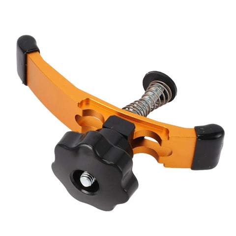 Heavy Duty T Track Hold Down Clamps With Rubber Pads For Woodworking Jobs And CNC Router Projects Includes Four Adjustable Press Plate Clamps close-up showing adjustable black knob and aluminum body.