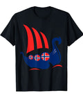 Dragon Flag Viking Ship Tee For Norse History Fans With Nordic Pride And Valhalla Dope Vibe, black shirt with red & blue ship design
