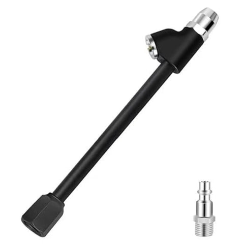 Heavy Duty Dual Head Tire Air Chuck With One Quarter Inch FNPT Extended Reach and quick plug, rugged black steel body.