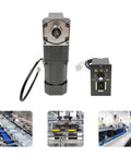 Heavy Duty 110V 120W Electric Gear Motor With One To Thirty Gear Reduction Output 45 RPM Adjustable Speed Controller And Built In Cooling Fan For Efficient Heat Dissipation Ideal For Engineering Machinery Equipment, shown with control unit and machinery setup