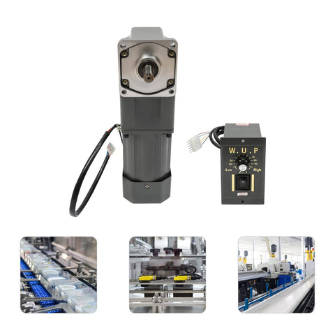 Heavy Duty 110V 120W Electric Gear Motor With One To Thirty Gear Reduction Output 45 RPM Adjustable Speed Controller And Built In Cooling Fan For Efficient Heat Dissipation Ideal For Engineering Machinery Equipment, shown with control unit and machinery setup