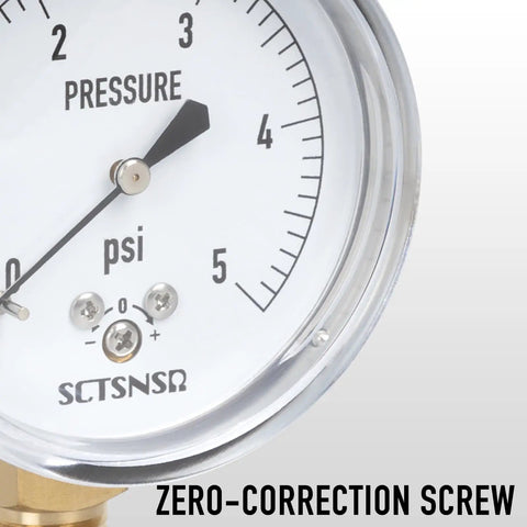 Close-up of Zero To Five Psi Capsule Low Pressure Gauge with 2.5 inch dial, featuring zero-correction screw and brass chrome design.
