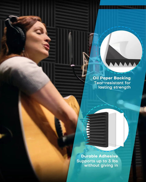 48 Pack Peel And Stick Acoustic Foam Wall Tiles, High Density Sound Absorbing Pads To Banish Echo, Fire Rated Noise Dampening Panels For Recording Studio Or Man Cave, Self Adhesive Black Squares, 12 By 12 By 1 Inch display in a vocal booth with singer and guitar.