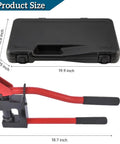 Lever-Action Sheet Metal Punch Kit For 20 Gauge Steel With Conduit Hole Cutter Set and carrying case, dimensions shown.
