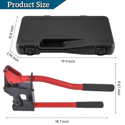 Lever-Action Sheet Metal Punch Kit For 20 Gauge Steel With Conduit Hole Cutter Set and carrying case, dimensions shown.