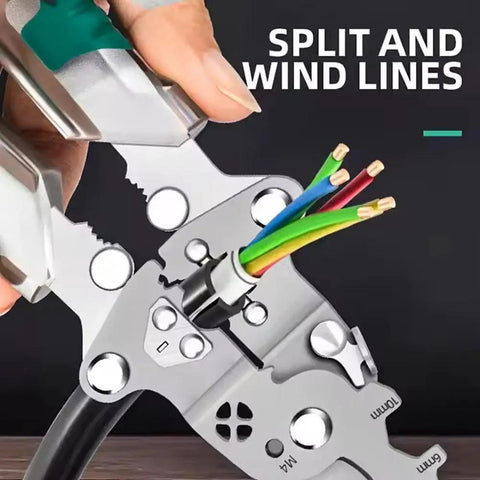 8 In 1 Wire Stripper With Voltage Tester cutting multiple colored wires held by multifunction pliers