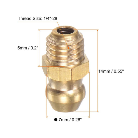 Brass Straight Grease Fittings Set 15 Pieces One Quarter Inch Twenty Eight SAE Thread Nipple with dimensions