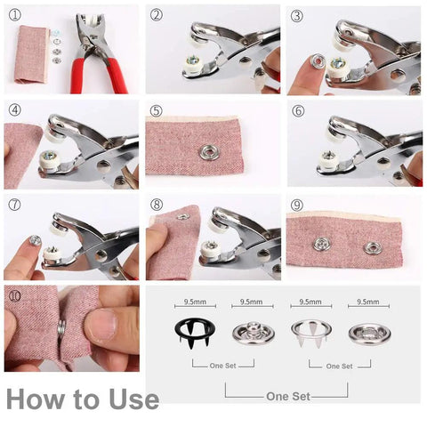 Step-by-step guide using Snap Fasteners Tool Kit 800 Pieces In 200 Sets Hollow And Solid Metal Prong Snaps for clothing.