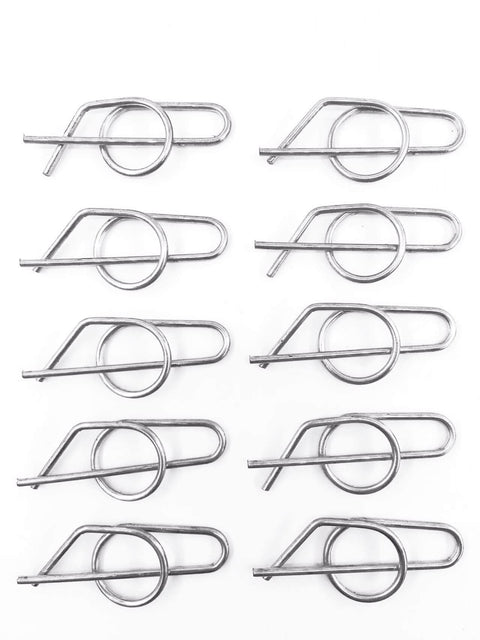 Set of 10 steel heavy duty replacement spring locking cotter pins for John Deere lawn and garden tractors.