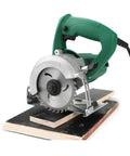 Badass 4 Inch Electric Circular Saw With Killer 1400W Motor For Marble Wood And Stone Slotting Portable Cutter on wooden base cutting wood.