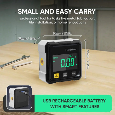 Dead Accurate Digital Angle Finder Measuring Tool With Heavy Duty Magnetic Back And Large Lcd Numbers For Woodworking Metalworking And Masonry Diy Builds on a wooden surface.