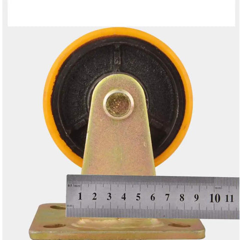 Top Shelf Heavy Duty Cast Iron Caster Wheels With Firm Locking Brakes Industrial Grade Rollers, close-up showing polyurethane tread.