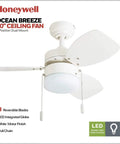 Modern 30 Inch Ceiling Fan With Light And Pull Chain LED Indoor Outdoor Ready 3 Blade Design With White Finish
