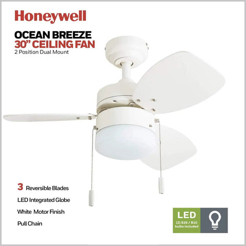 Modern 30 Inch Ceiling Fan With Light And Pull Chain LED Indoor Outdoor Ready 3 Blade Design With White Finish