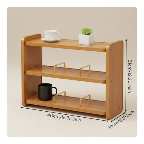 Clean 3 Tier Bamboo Cup Organizer Rack And Sharp Countertop Mug Stand For Coffee Bar Kitchen Office Storage Shelf With 6 Grid Wood Holder Setup Vibe, 40CM tall with black mug and greenery.