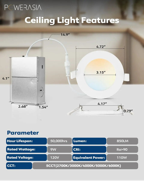 Premium Real Deal 4 Inch Led Recessed Lights 20 Pack Dimmable Wafer Canless Ceiling Fixtures With 5CcT Switchable Color Temp showing light specs and dimensions.