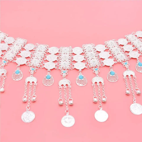 Shimmering Gold Multilayer Coin Waist Chain For Women Bohemian Beach Belly Dance Body Chain Festival Rave Accessory Adjustable Summer Hip Jewelry Hits Different on pink background.