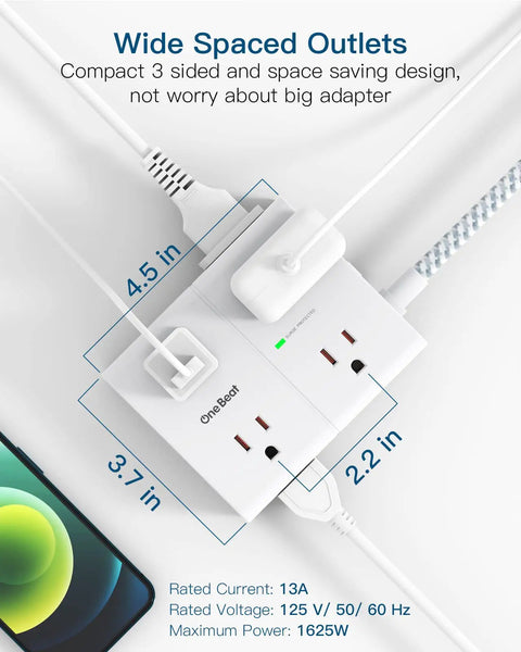 10 Ft Heavy Duty Braided Extension Cord With Surge Protector Power Strip, 3-side outlet extender with cables plugged in
