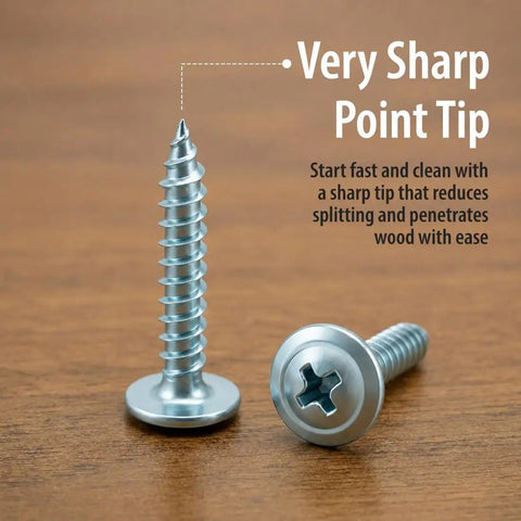 Premium Zinc Plated Wood Screws Featuring Truss Head And Phillips Drive For Smooth Power Drill Installation Badass Eight By Half Inch Fasteners For Indoor Carpentry Rock Solid Steel 100 Pack with sharp point tip.