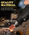 Close-up of a Dremel-style rotary tool with an orange abrasive sanding bit (1/8" shank) grinding on rock.