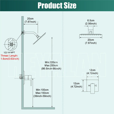 Dimensions for Matte Black 8 Inch Square Rainfall Shower Head Kit With Wall Mount Single Handle Valve And Trim A Dope Shower System