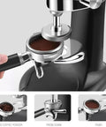 Top Shelf 58 Mm Coffee Tamper With Ergonomic Grip And Solid Steel Base For Zero Sweat Espresso Compaction And Barista Grade Pulls Straight From Your Kitchen Counter in use with coffee grounds.